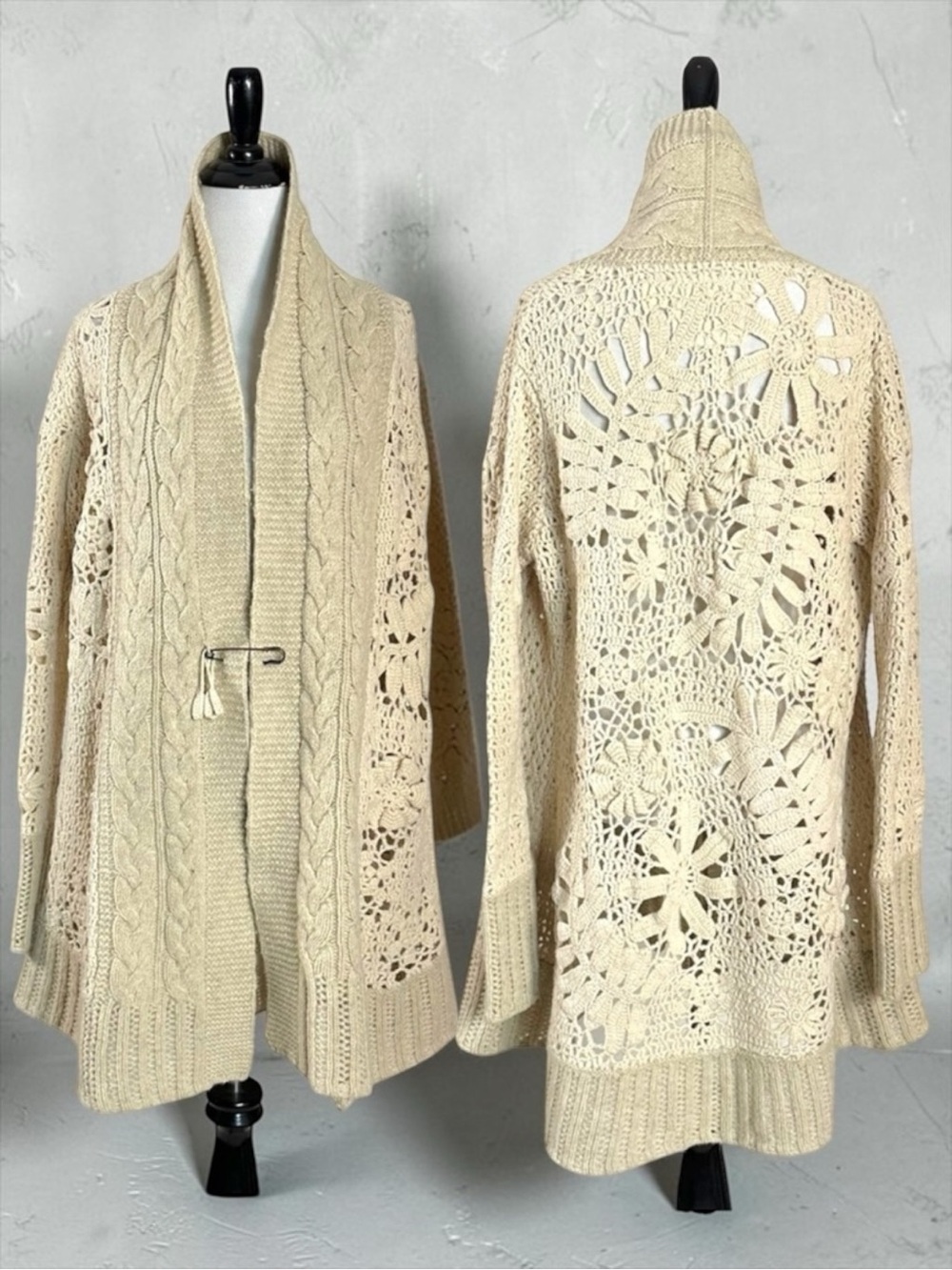 Anthropologie Angel of the North Hand Knit Crochet Wool Cardigan Sweater Medium